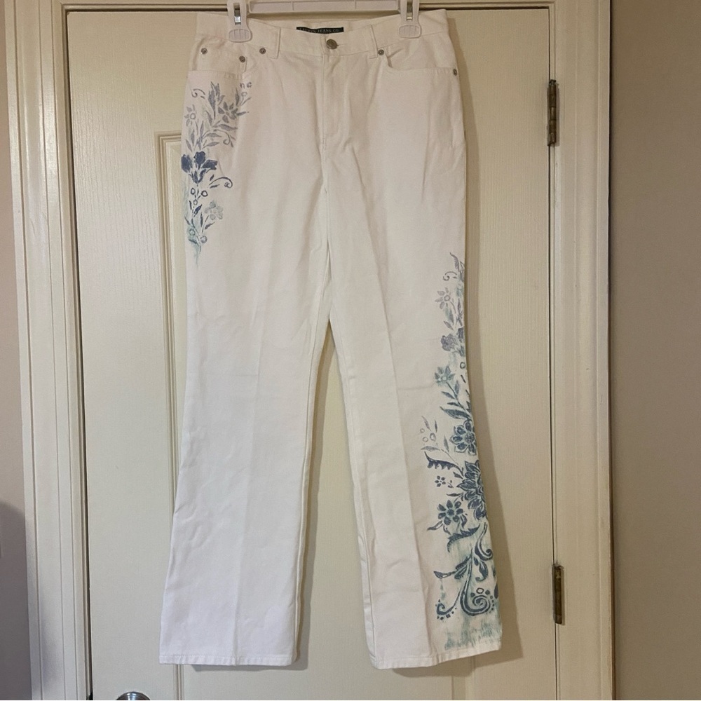 Ralph Lauren White Jeans with Blue Floral Design